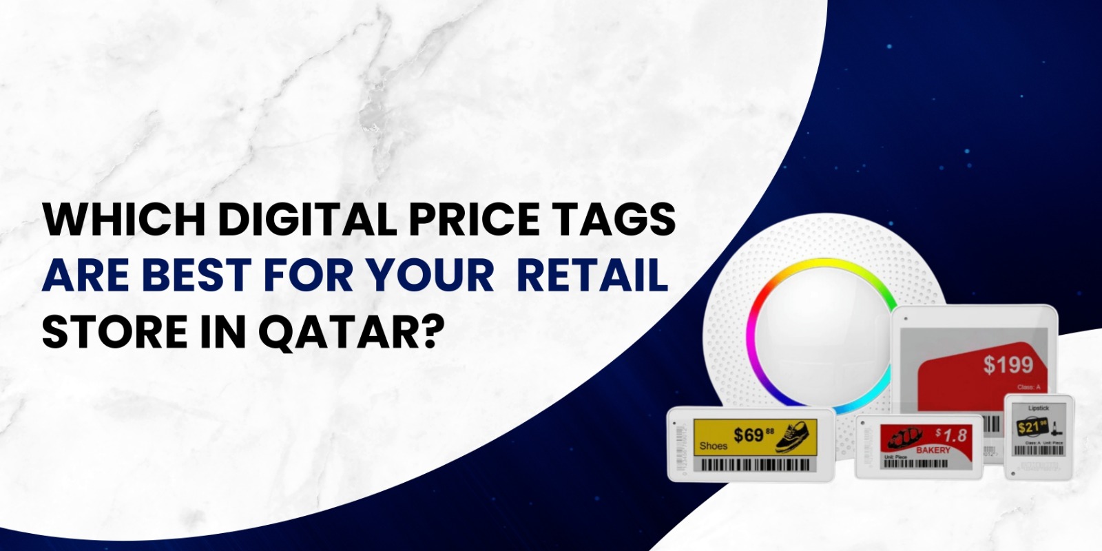 Poster titled 'Which Digital Price Tags Are Best for Your Retail Store in Qatar?' featuring digital price tags