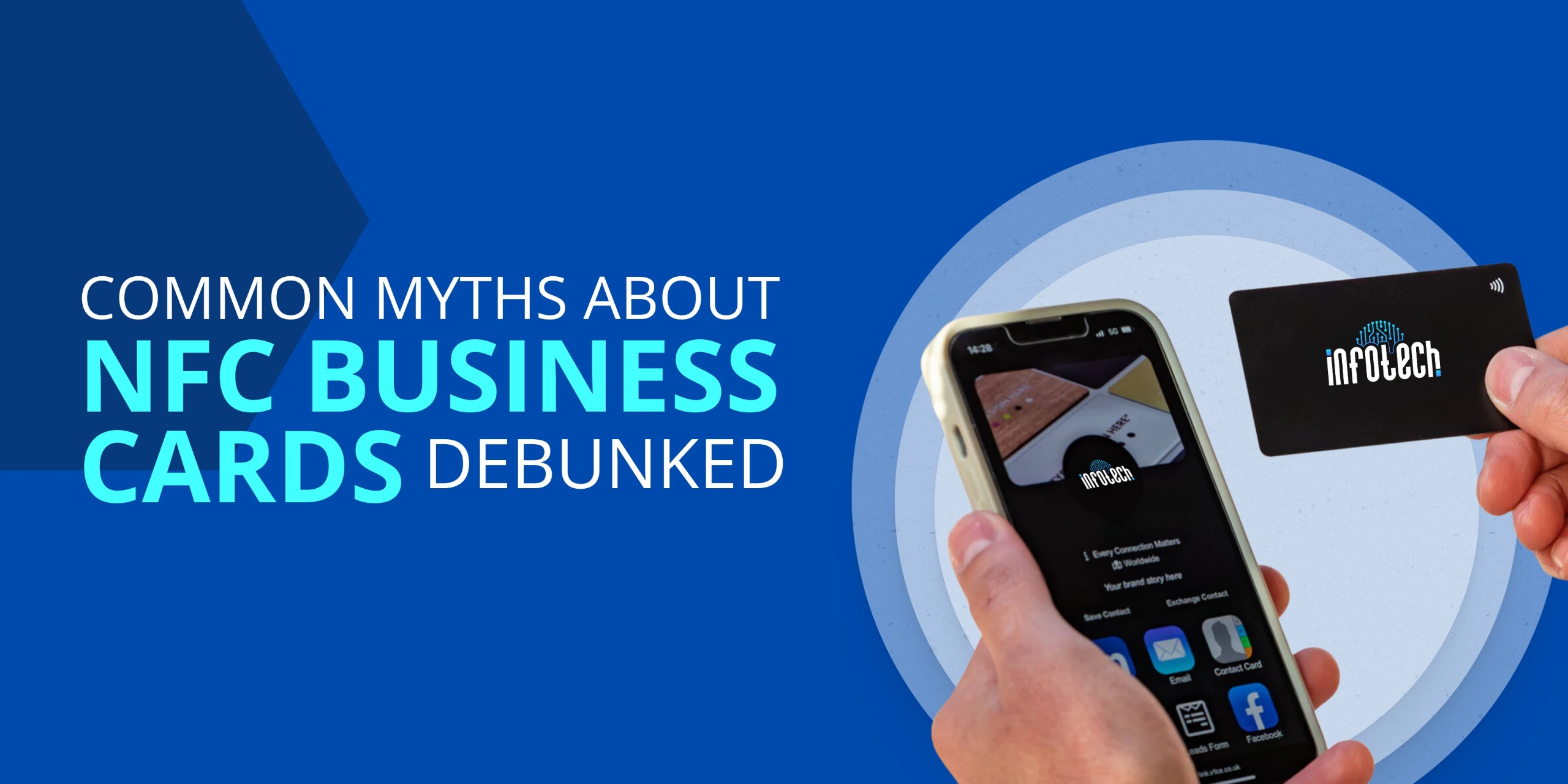 "Image featuring the text 'Common Myths About NFC Business Cards Debunked' with a hand holding an NFC card near a smartphone.