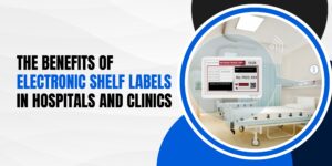 showcasing the benefits of electronic shelf labels in hospitals and clinics, featuring a modern hospital room with a digital display providing patient