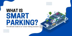 a smart parking system with IoT-driven technology, featuring vehicles, parking sensors, navigation icons, and digital connectivity elements