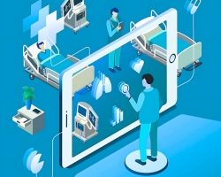 Illustration of IoT in hospitals, showing a doctor remotely monitoring patient beds and medical equipment through a digital tablet.