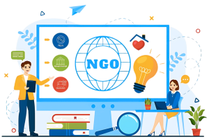 "Illustration of an NGO concept with a globe, light bulb, and icons, representing Omnicomm Call Center Solution by Infotech."