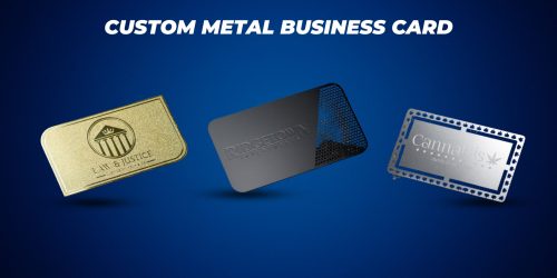 Custom metal nfc business cards in gold, black, and silver finishes, each with unique engraved designs and branding, displayed on a blue background.