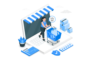 Illustration of an e-commerce platform using Omnicomm Call Center Solution by Infotech, with a shopper and cart symbolizing online retail