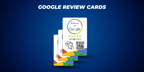 Google review cards with a QR code and NFC functionality, encouraging users to 'Review us on Google' with a five-star rating design