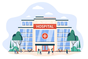 Illustration of a hospital building symbolizing Omnicomm Call Center Solution by Infotech