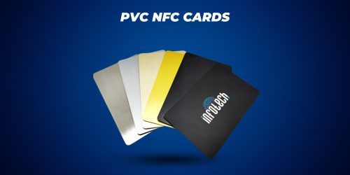 PVC NFC cards in silver, gold, and matte black finishes, featuring an Infotech-branded card on a blue background