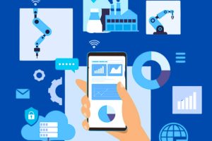 Real-Time Equipment Monitoring for IoT small businesses, showing a smartphone with analytics surrounded by icons of robotics, cloud storage, and automation