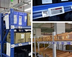 a warehouse storage system featuring shelves equipped with digital price tags