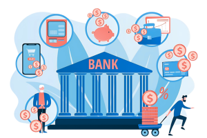 Illustration of a bank institution utilizing Omnicomm Call Center Solution by Infotech, with financial icons like piggy banks and credit cards